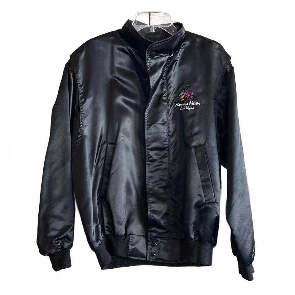Flamingo Hilton Las Vegas Black Satin Bomber Embroidered Jacket Size L